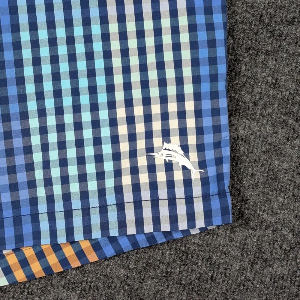 Tommy Bahama Mens Blue‎ Orange Gingham Plaid Swim Trunks Board Shorts Medium